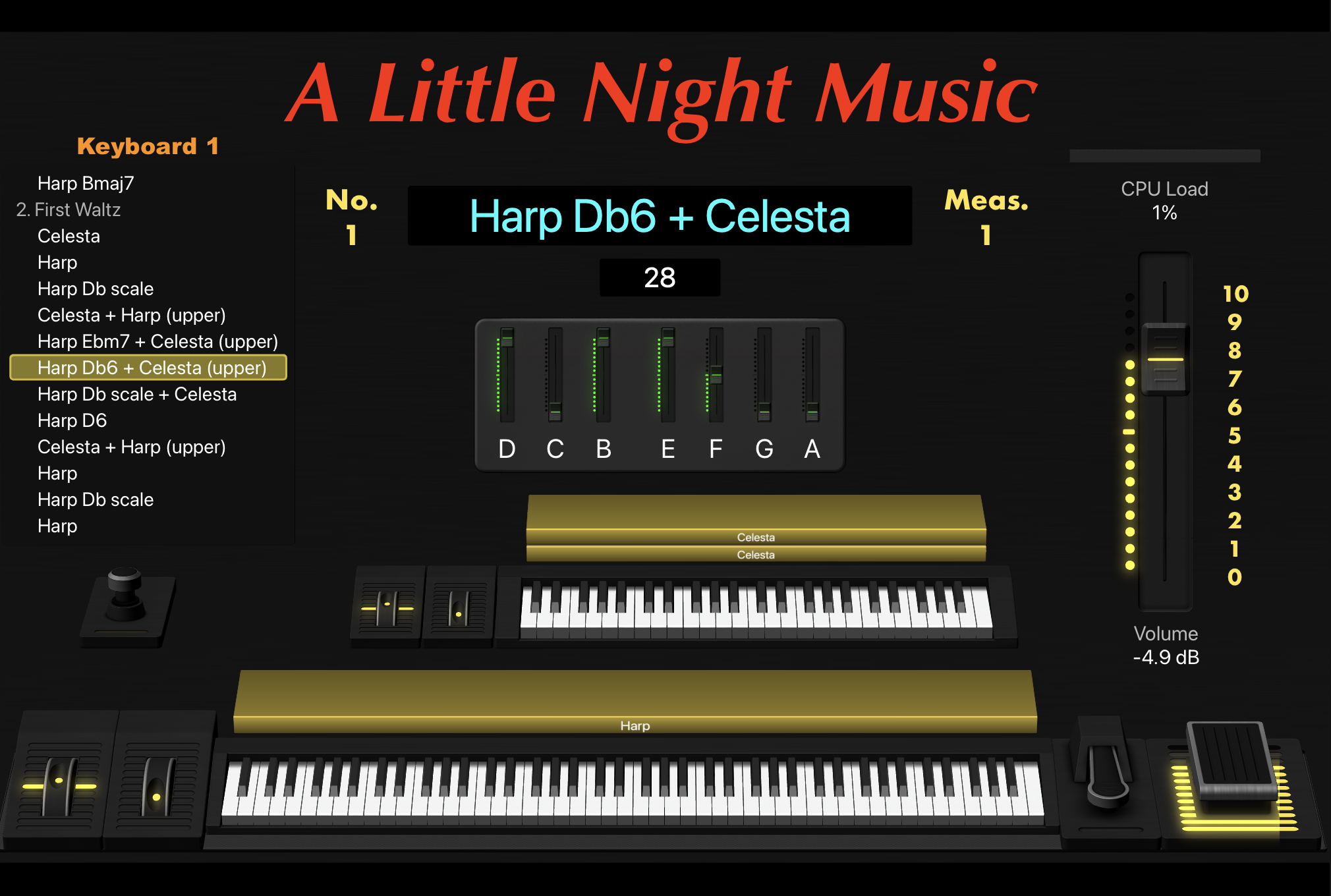 Screenshot of the MainStage concert layout showing two keyboards, harp pedal controls, patch names and numbers.