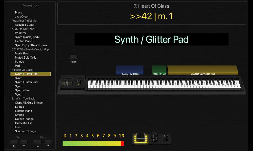 Screenshot of the MainStage concert layout, showing an example patch for Synth and Glitter Pad in the song Heart Of Glass.