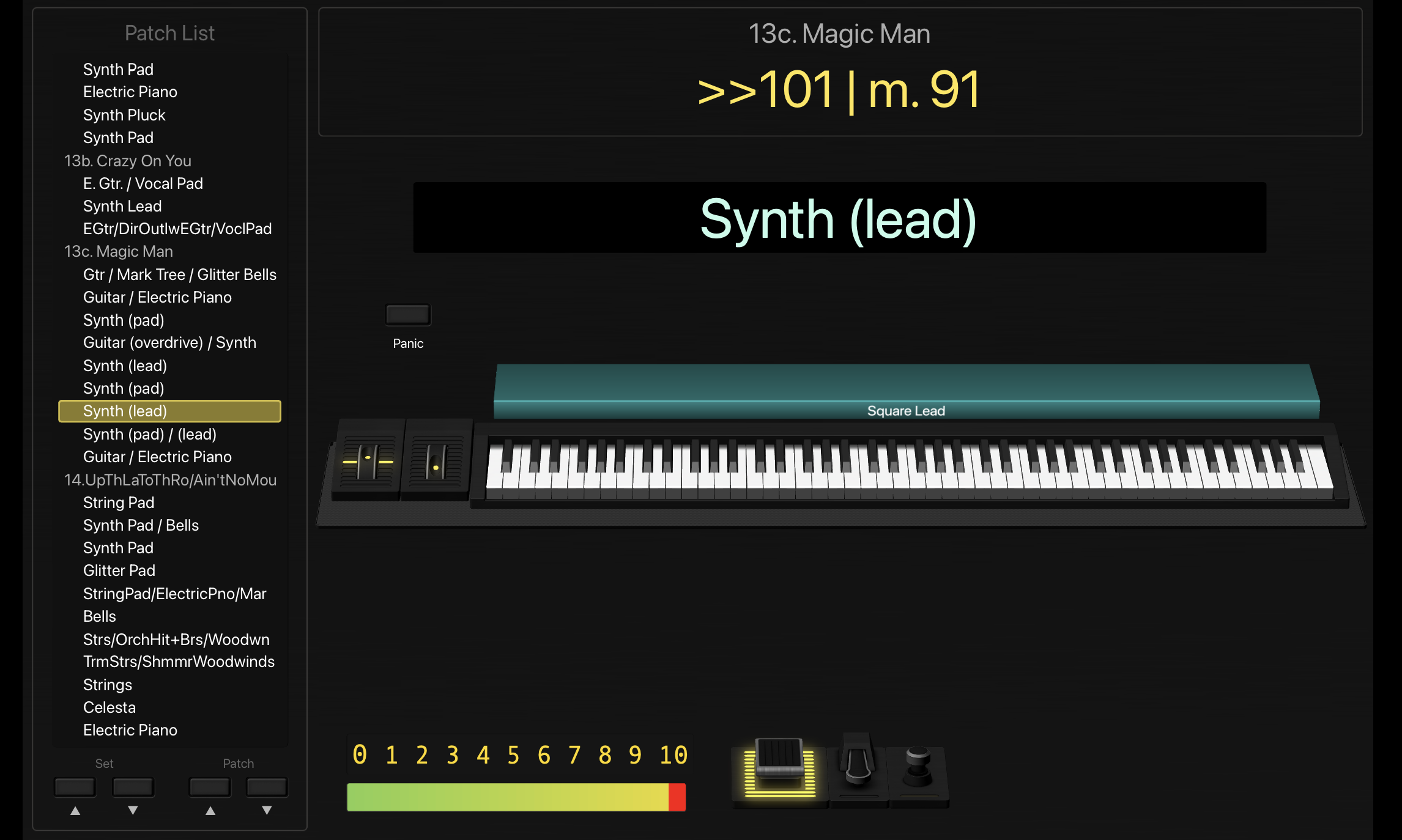Screenshot of the MainStage concert layout, showing an example patch for Synth (lead) in the song Magic Man.